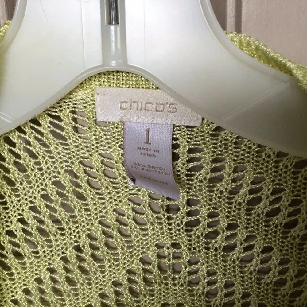 Chico's Sweater Sz1 Cardigan Yellow Open Knit V Neck Buttons 3/4 Sleeve Used
